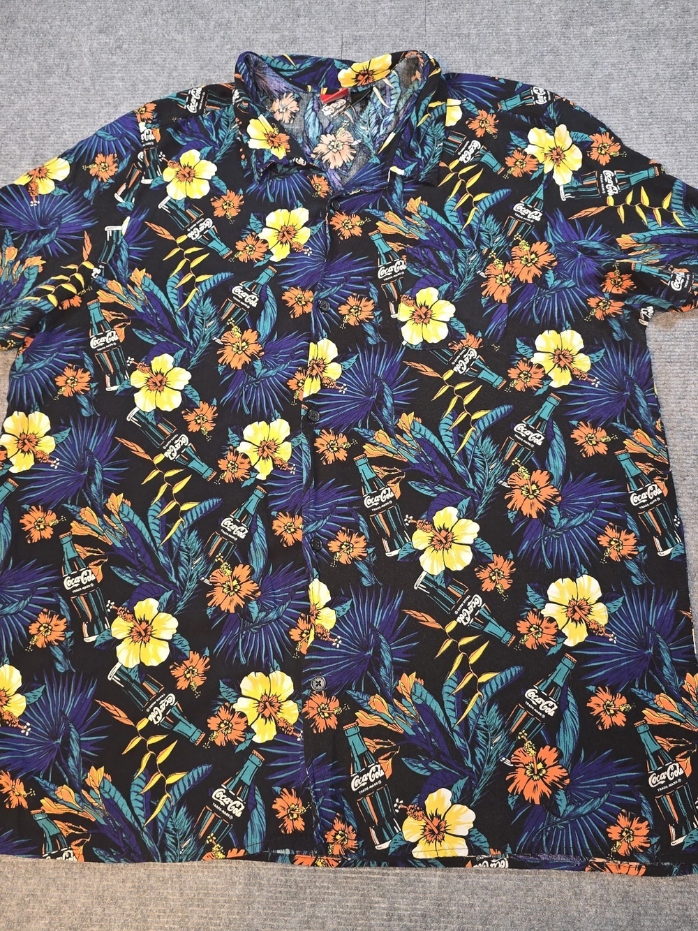 Coca-Cola Hawaiian Shirt Tropical Floral Coke Bottle Rayon Camp Shirt